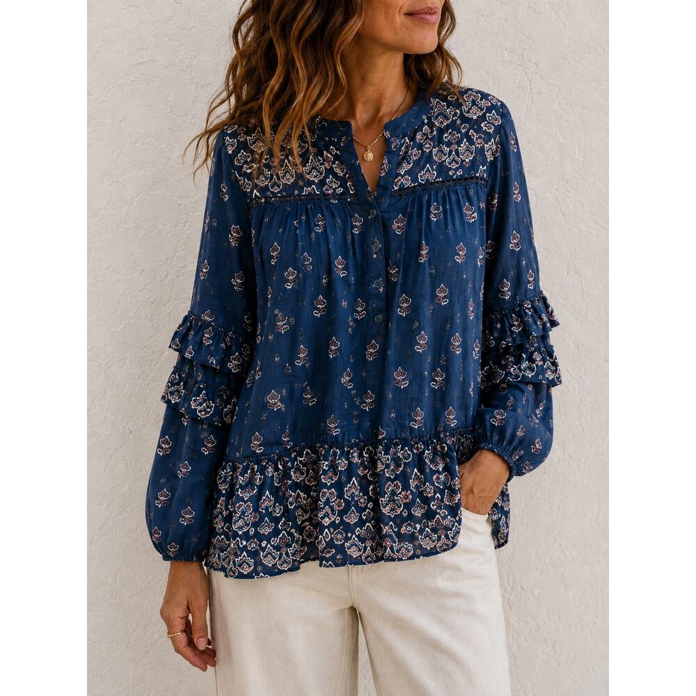 KNOX ROSE Blue Boho Floral Ruffle Peplum Blouse Top Festival Cottagecore Small